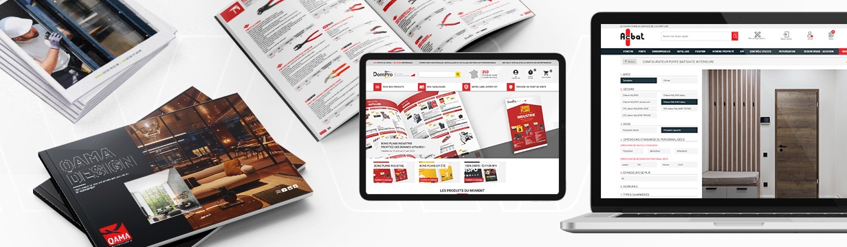 Bannière avec un ordinateur sur le site acbat.fr, une tablette sur le site dompro.fr et un magasine Qama Design