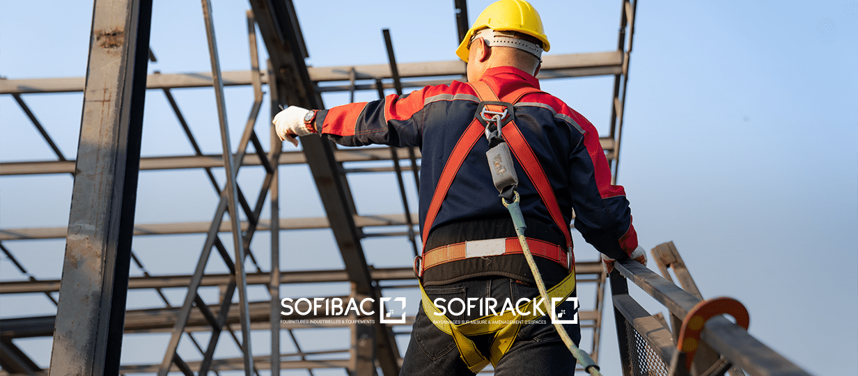Homme portant un harnais de sécurité sur un chantier en plein air avec les logos de Sofibac et Sofirack